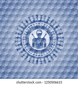 ninja icon inside blue emblem or badge with abstract geometric polygonal pattern background.