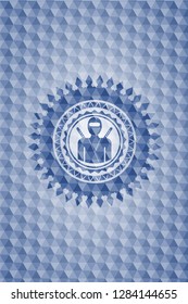 ninja icon inside blue emblem or badge with abstract geometric polygonal pattern background.
