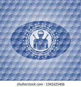 ninja icon inside blue emblem with geometric pattern background.