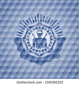 ninja icon inside blue emblem with geometric background.
