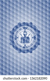ninja icon inside blue emblem or badge with abstract geometric polygonal pattern background.