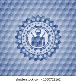 ninja icon inside blue emblem with geometric background.