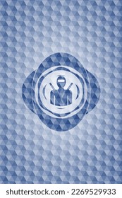 ninja icon inside blue emblem or badge with abstract geometric pattern background. 