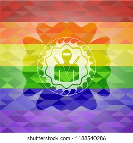 ninja icon inside emblem on mosaic background with the colors of the LGBT flag