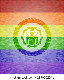 ninja icon inside emblem on mosaic background with the colors of the LGBT flag