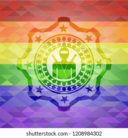 ninja icon inside emblem on mosaic background with the colors of the LGBT flag