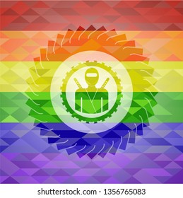 ninja icon inside emblem on mosaic background with the colors of the LGBT flag