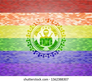 ninja icon inside emblem on mosaic background with the colors of the LGBT flag