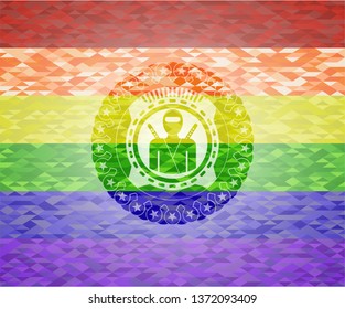 ninja icon inside emblem on mosaic background with the colors of the LGBT flag