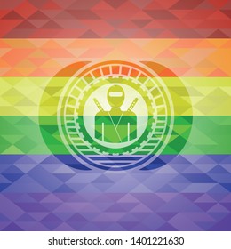ninja icon inside emblem on mosaic background with the colors of the LGBT flag