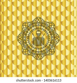 ninja icon inside gold badge or emblem. Scales pattern. Vector Illustration. Detailed.