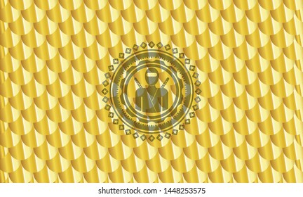 ninja icon inside gold shiny badge. Scales pattern. Vector Illustration. Detailed.