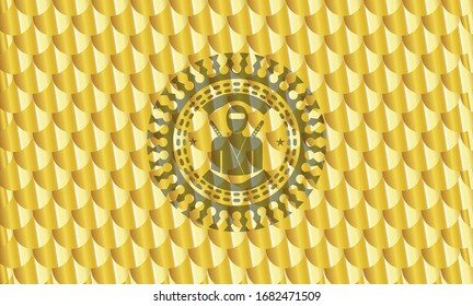 Ninja-Symbol in Gold glänzend Emblem. Skaliert Muster. Vektorillustration Illustration. Detaillierte Angaben.