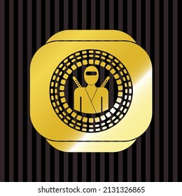 ninja icon inside golden emblem or badge. 