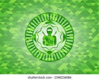 ninja icon inside green emblem with triangle mosaic background