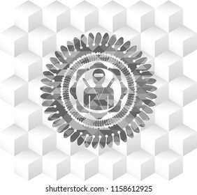 ninja icon inside grey badge with geometric cube white background