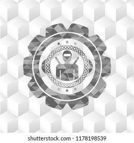 ninja icon inside grey badge with geometric cube white background