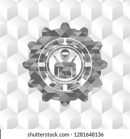 ninja icon inside grey badge with geometric cube white background