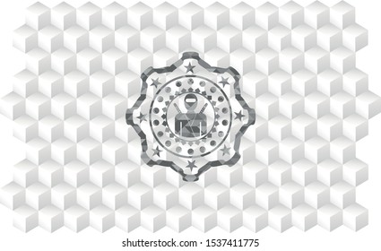 ninja icon inside grey badge with geometric cube white background
