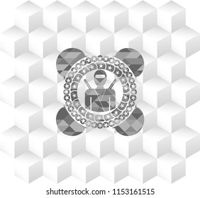 ninja icon inside grey emblem. Vintage with geometric cube white background