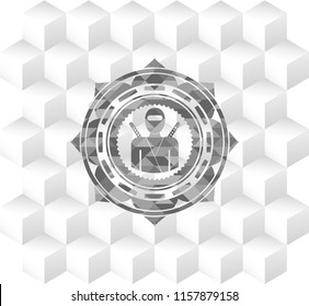 ninja icon inside grey emblem. Vintage with geometric cube white background