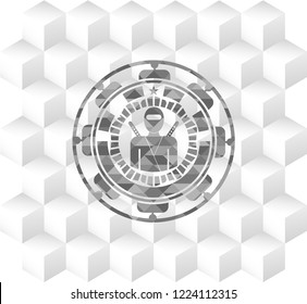 ninja icon inside grey emblem. Retro with geometric cube white background