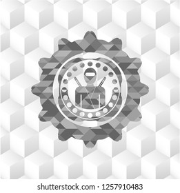 ninja icon inside grey emblem. Retro with geometric cube white background