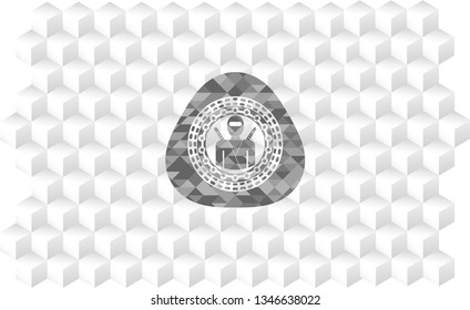 ninja icon inside grey emblem. Vintage with geometric cube white background