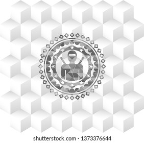 ninja icon inside grey emblem. Vintage with geometric cube white background