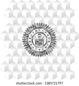 ninja icon inside grey emblem with geometric cube white background