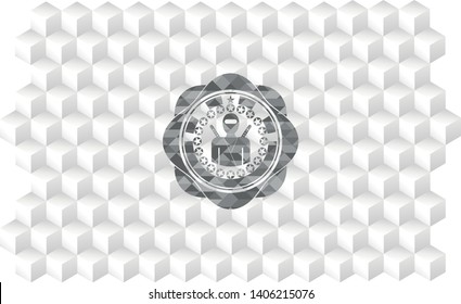 ninja icon inside grey emblem with geometric cube white background