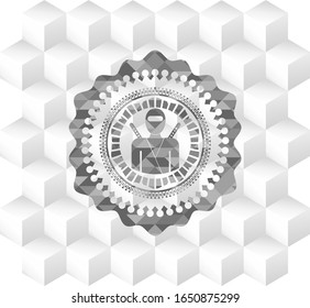 ninja icon inside grey emblem. Vintage with geometric cube white background
