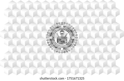 ninja icon inside grey emblem with cube white background. 