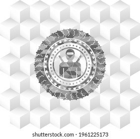 ninja icon inside grey emblem. Retro with geometric cube white background. 