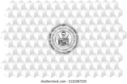 icono ninja dentro del emblema gris con fondo blanco cubo. 