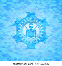 ninja icon inside light blue emblem with mosaic ecological style background