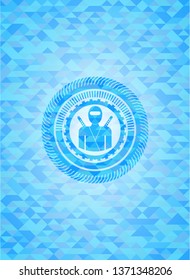 ninja icon inside light blue emblem. Mosaic background