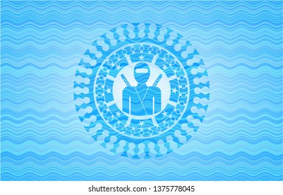 ninja icon inside light blue water style emblem.