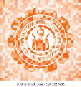 ninja icon inside orange tile background illustration. Square geometric mosaic seamless pattern with emblem inside.
