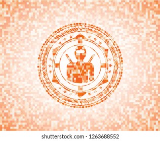 ninja icon inside orange tile background illustration. Square geometric mosaic seamless pattern with emblem inside.