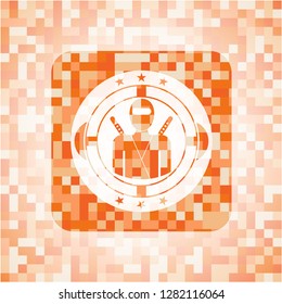 ninja icon inside orange tile background illustration. Square geometric mosaic seamless pattern with emblem inside.