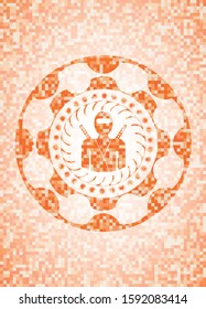 ninja icon inside orange tile background illustration. Square geometric mosaic seamless pattern with emblem inside.