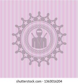ninja icon inside pink emblem. Retro