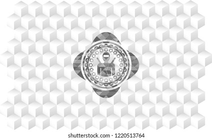 ninja icon inside realistic grey emblem with geometric cube white background