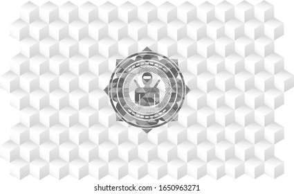 ninja icon inside realistic grey emblem with geometric cube white background