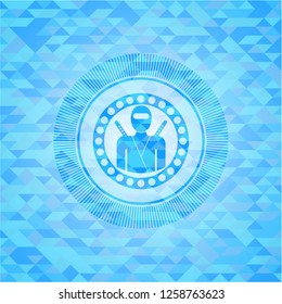 ninja icon inside realistic light blue mosaic emblem