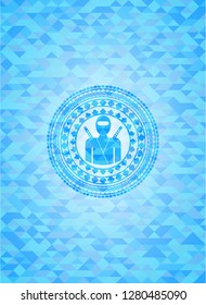 ninja icon inside realistic light blue emblem. Mosaic background
