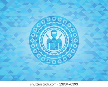 ninja icon inside realistic light blue emblem. Mosaic background