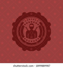 ninja icon inside realistic red emblem. 