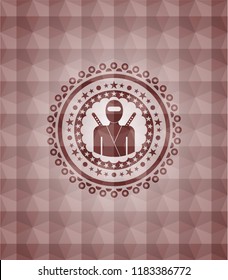 ninja icon inside red badge with geometric pattern background. Seamless.